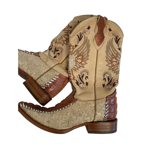 Handmade Mexico Cowboy Boots Embroider Glitter Toe Croc Women 6.5 8940 Bling - Picture 1 of 7